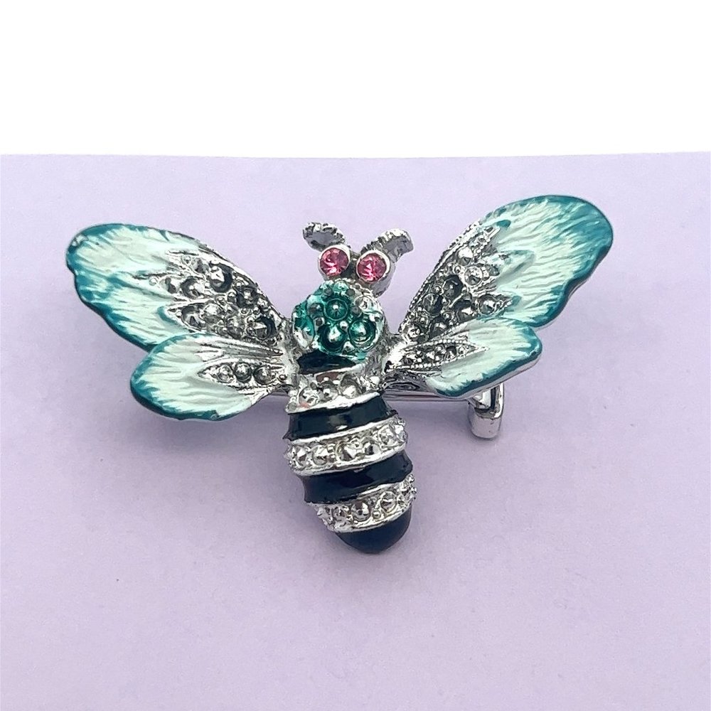 Beautiful Sparkling Rhinestone Green Black Silver Bee Brooch Pin